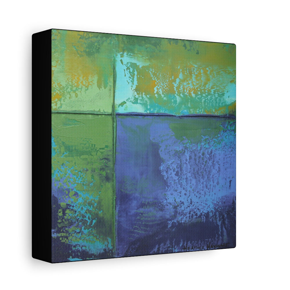 Abstract art piece with green and blue colors on a white background