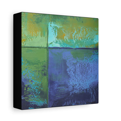Abstract art piece with green and blue colors on a white background
