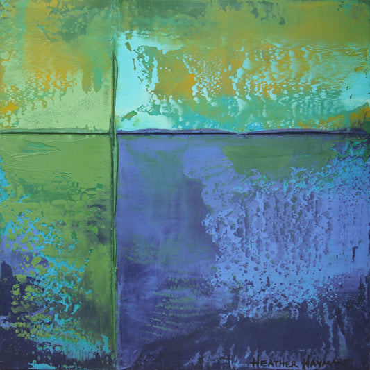 Abstract art piece with green, blue, and purple colors