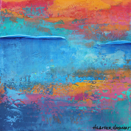 Abstract wall art with a gradient of blue, orange, pink, and purple.