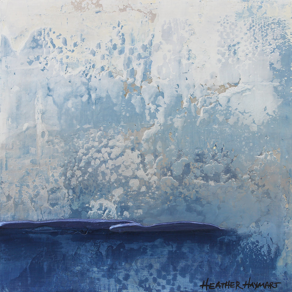 Abstract painting with blue and white textures by Heather Haymart.