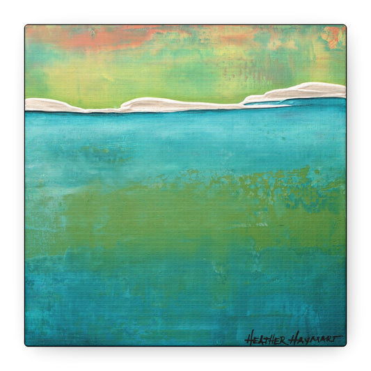 An abstract landscape painting featuring a textured teal and green water-like lower section, a yellow-green horizon, and a soft coral sky, signed Heather Haymart in the bottom right corner.