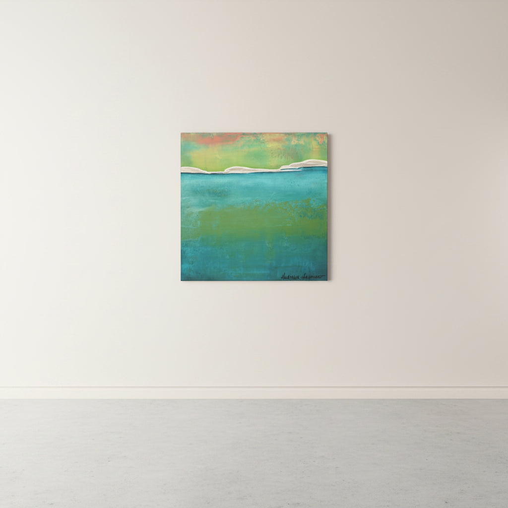 An abstract landscape painting of a teal and green sea with a yellow-orange sky, displayed on a white wall 