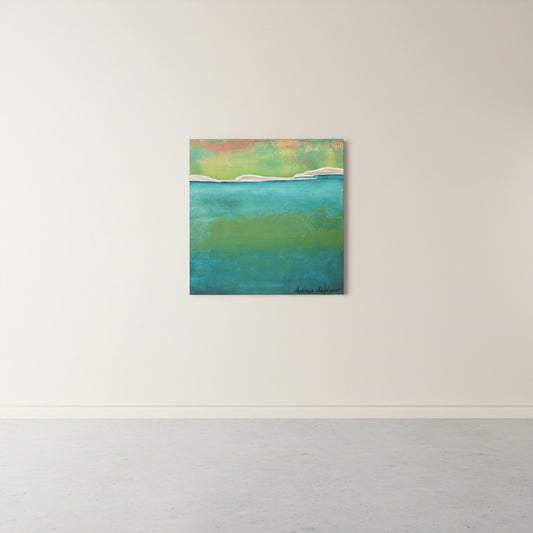 An abstract landscape painting of a teal and green sea with a yellow-orange sky, displayed on a white wall 