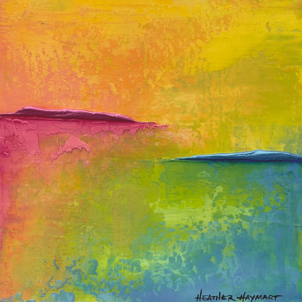 Daydreamy abstract artwork with shades of yellow-green, yellow, and orange in the top portion. One thick textured ledge is bright metallic pink with tiny sparkles and the other thick textured ledge is bright metallic blue with tiny sparkles. The bottom portion has darker shades of pink, orange, green, and blue. 