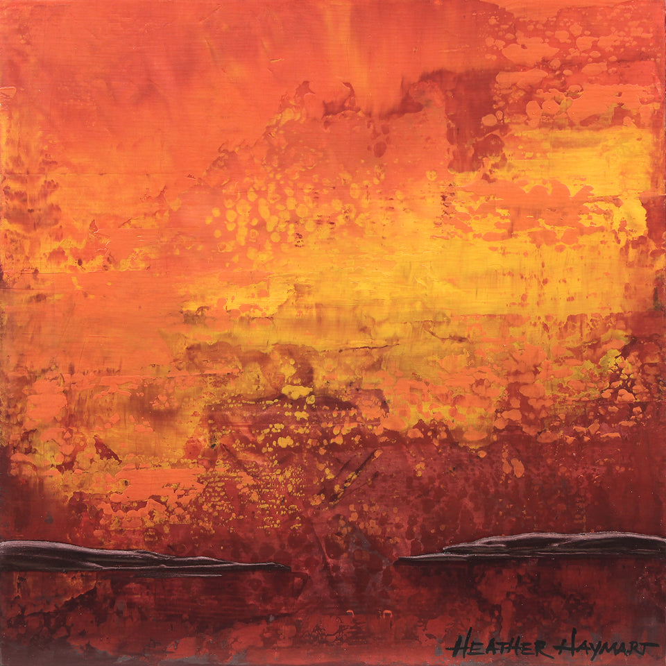 Abstract painting with warm colors and textured surface