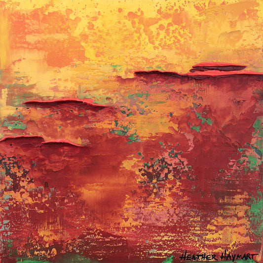 Abstract painting with warm colors and textured surface