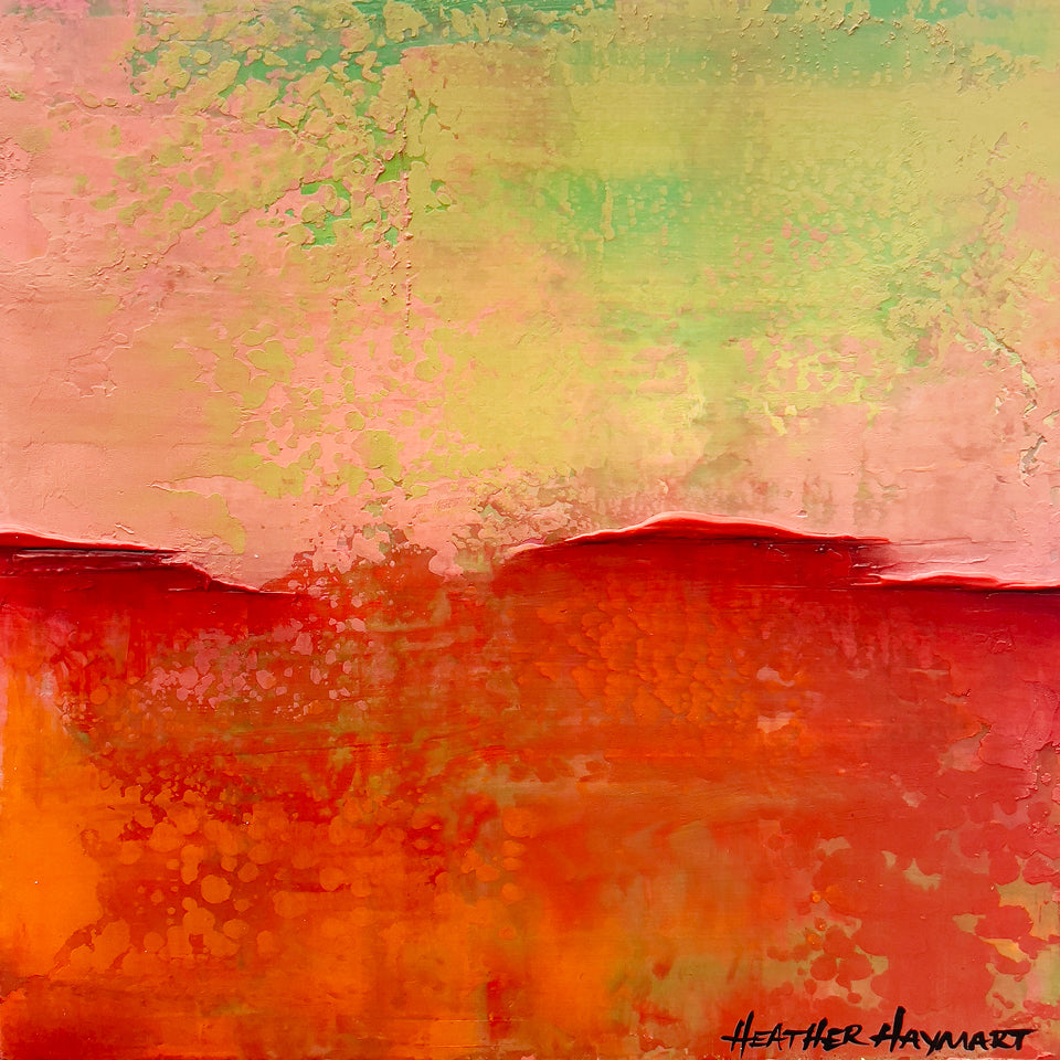 Festive textured square painting with red, pink and green colors.