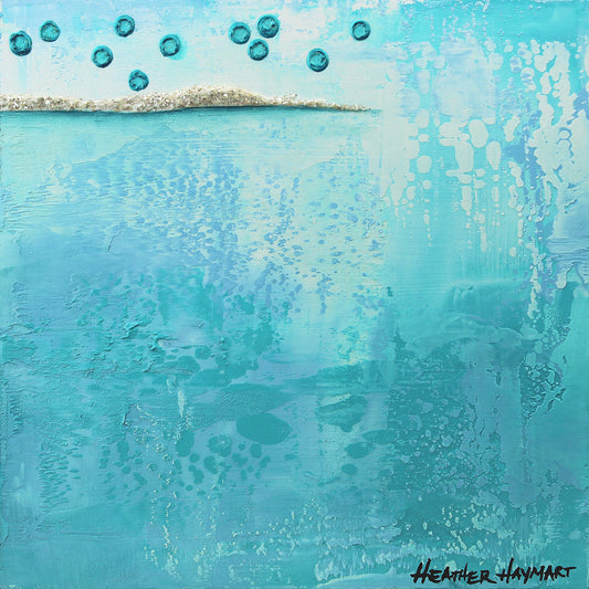 Shades of turquoise and sparkly white abstract art