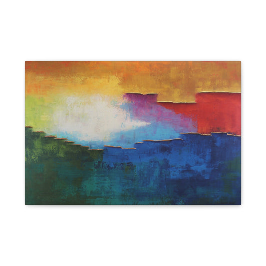 An abstract landscape painting on canvas featuring textured brushstrokes of orange, yellow, white, red, purple, blue, and green.