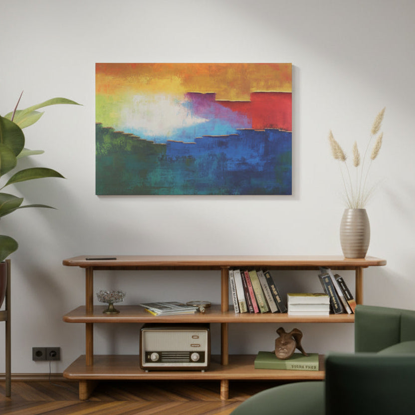 Abstract multicolor canvas wall art hanging above a wooden console shelf in a styled room with a plant, vase, books, and chair.