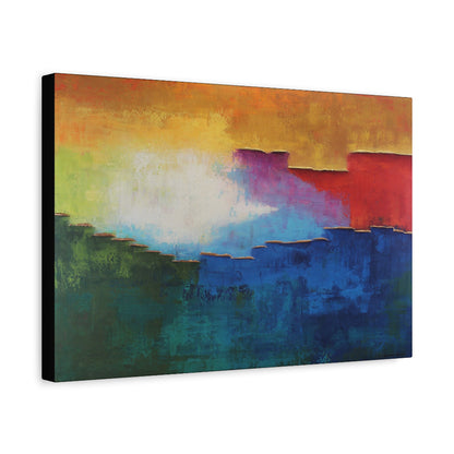Abstract canvas wall art featuring layered brushstrokes of orange, yellow, white, purple, red, green, and blue, shown at an angle with a black side edge on a white background.