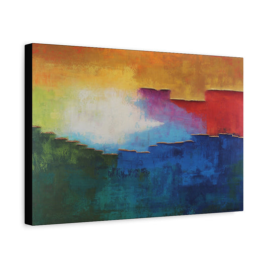 Abstract canvas wall art featuring layered brushstrokes of orange, yellow, white, purple, red, green, and blue, shown at an angle with a black side edge on a white background.