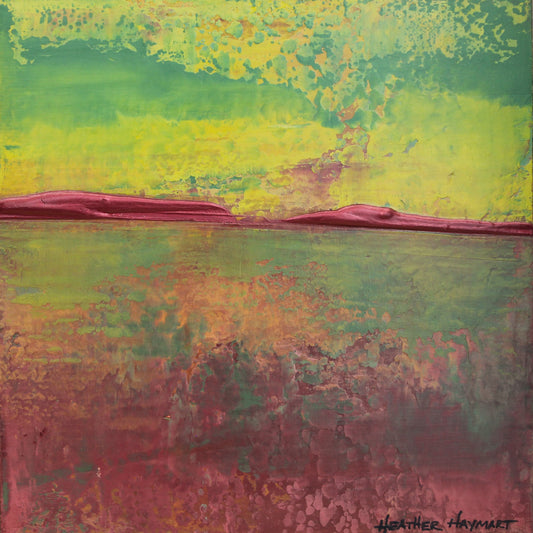 Abstract art with green, yellow, and red colors