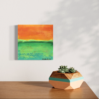 "Hello, Pretty" is a small abstract landscape painting on the wall.
