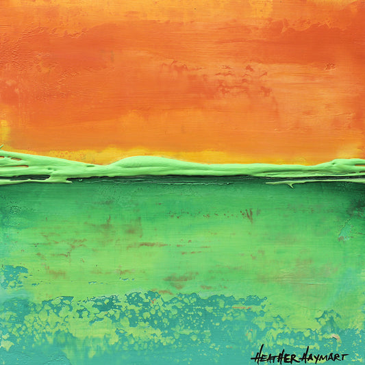 "Hello, Pretty" is a small abstract landscape painting with with shades of orange in the top portion, shades of green and turquoise in the bottom portion and a bright light green raised ledge horizon line.