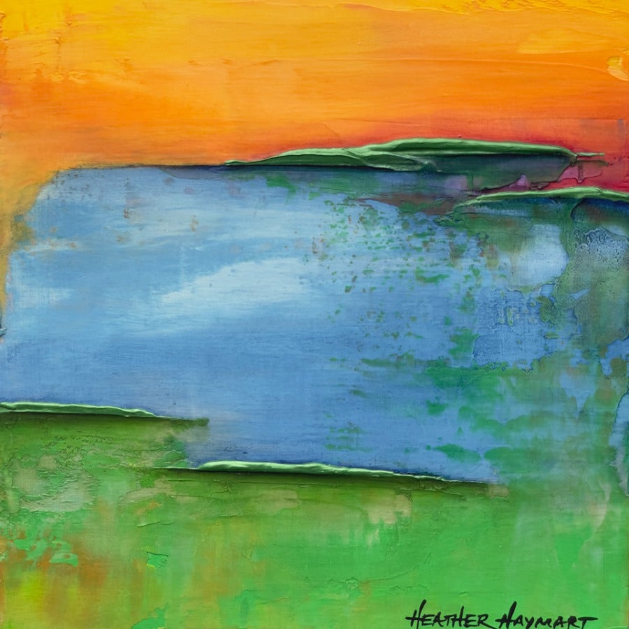 Hints of Summer is a small abstract painting with a sunset/sunrise top with metallic green ledges, shades of blue middle and grass green bottom with hints of yellow and orange. 