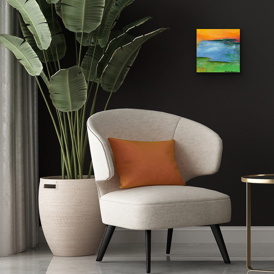 Hints of Summer - small abstract art on the wall over a chair with a plant