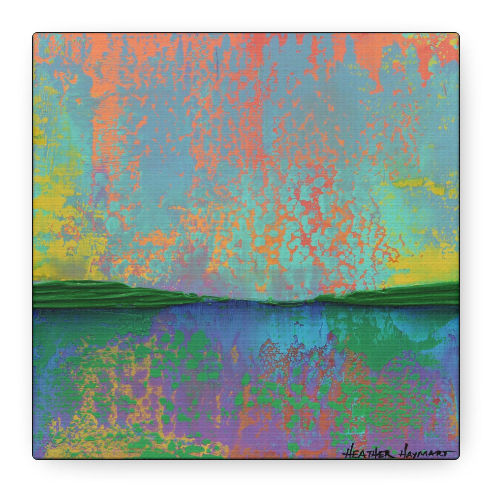 An abstract landscape painting featuring a textured sky in shades of blue, orange, yellow, and green, with dark green hills and a reflective water scene below. Signed 'Heather Haymart' in the bottom right corner.