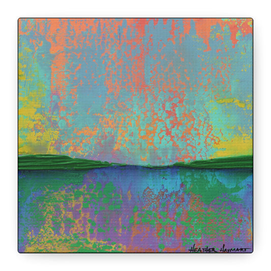 An abstract landscape painting featuring a textured sky in shades of blue, orange, yellow, and green, with dark green hills and a reflective water scene below. Signed 'Heather Haymart' in the bottom right corner.