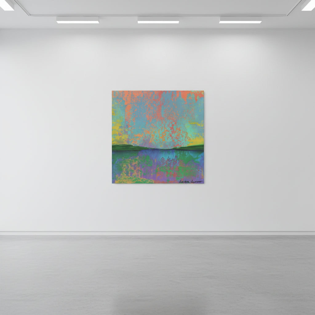 A square abstract wall art print with a colorful landscape-like design hangs on a white wall above a console table. The artwork features blended shades of blue, green, purple, orange, and yellow.