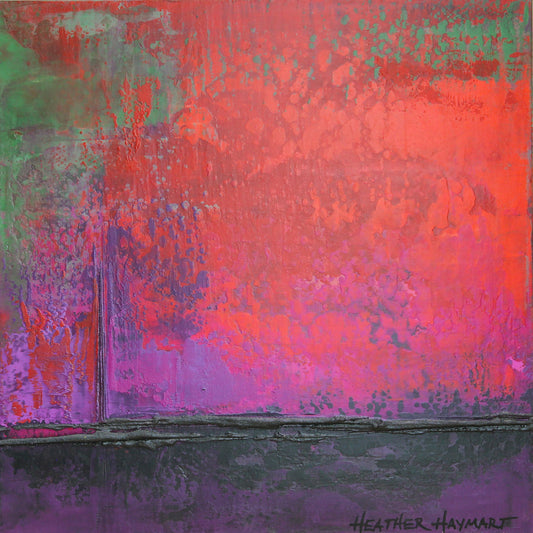 Abstract art painting with red, green, and purple colors