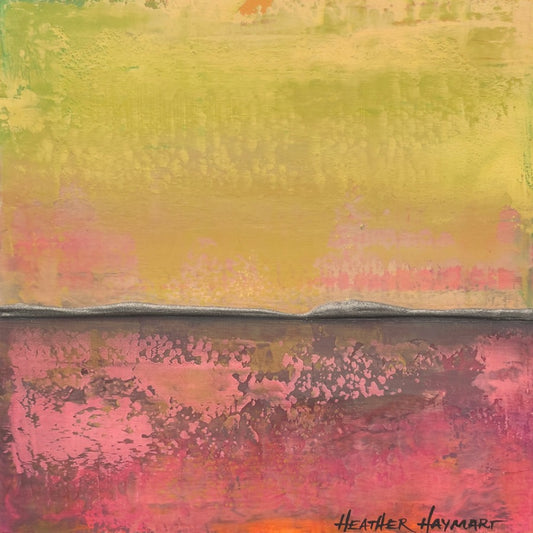 Intriguing is a small piece of art with shades of pink, yellow-green, soft yellow, and a pinch of orange in the top, and metallic gray ledge with charcoal pink, magenta and orange.