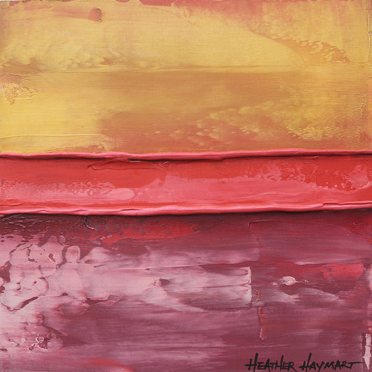 "Keep Pushing" is a small abstract original painting with with shades of yellow in the top portion, shades of plum and red in the bottom portion with a wide red stripe through the middle. The raised red ledges have metallic red painted on them.