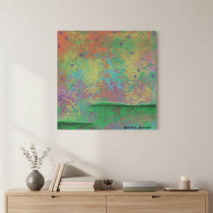 Abstract canvas wall art with a textured multicolor landscape design in shades of green, orange, yellow, and purple, displayed on a white wall above a styled gray console table with a yellow lamp, books, and a vase of white flowers.