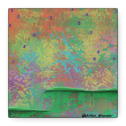 An abstract square art print or painting with a textured, multicolored background featuring green, yellow, orange, and purple tones, with a dark green landscape-like shape at the bottom and the signature 'Heather Haymart' in the lower right corner.