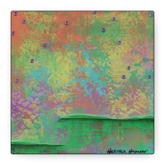 An abstract square art print or painting with a textured, multicolored background featuring green, yellow, orange, and purple tones, with a dark green landscape-like shape at the bottom and the signature 'Heather Haymart' in the lower right corner.
