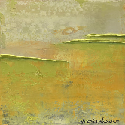 Lifting Fog - small abstract painting with shades of off-white, gray, yellow and yellow-green in the top portion, divided by thick soft metallic light yellow-green textured ledges and darker shades of gray, yellow and yellow-green in the bottom portion.