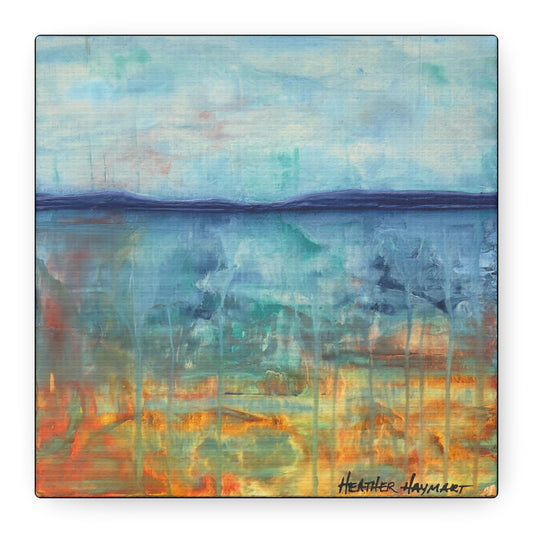 An abstract landscape painting featuring a blue sky and water reflection over a warm orange and yellow shoreline