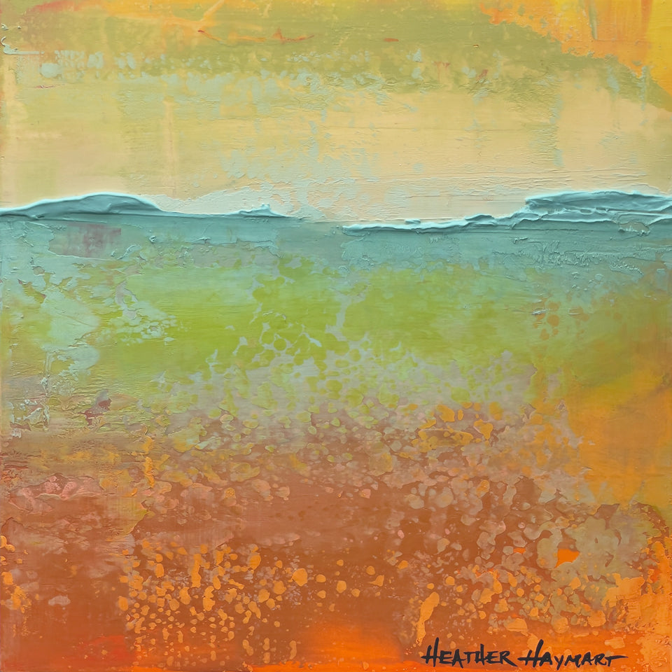 Small abstract painting called "Mesmerizing" with shades of off-white, yellow, yellow-green, green and hints of orange in the top portion, divided by thick soft light teal blue textured ledges and shades of red-orange, orange, light teal and yellow-green in the bottom portion.