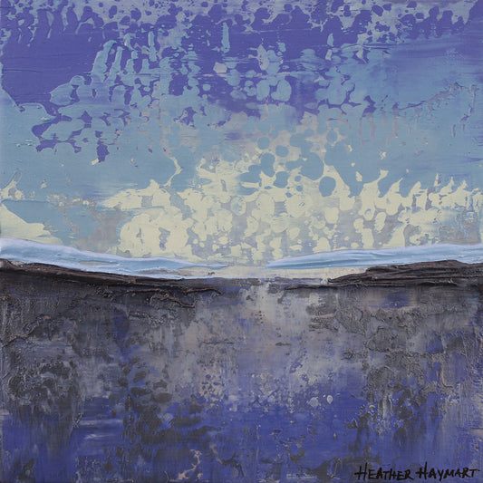Abstract art piece with blue and charcoal tones by Heather Haymart