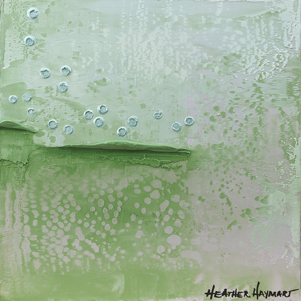 artwork with shades of green, gray and duck egg blue