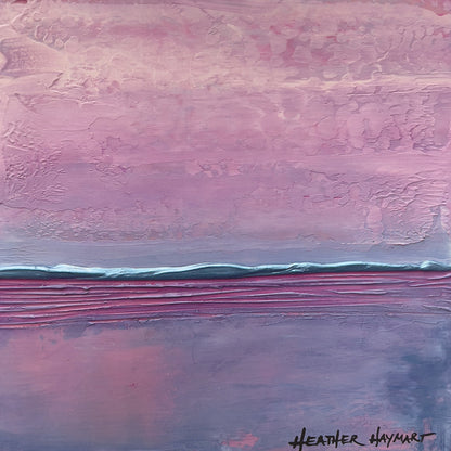 Lovely violet and plum abstract artwork with metallic light blue horizon line.