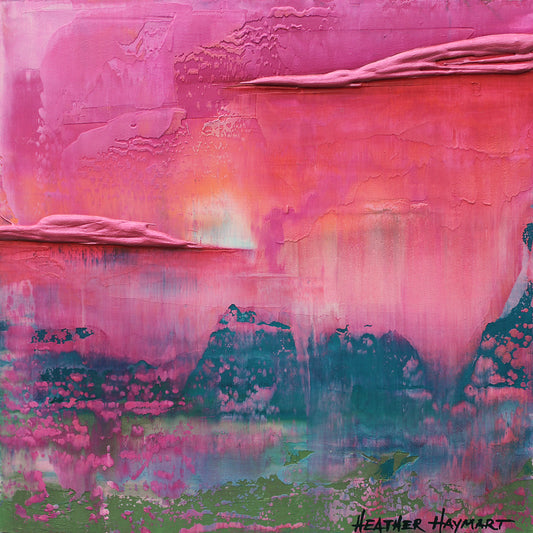 "Rosy Downpour" is a small abstract landscape painting with shades of magenta and orange in the top portion, shades of turquoise and green in the bottom portion with two raised ledges with metallic pink and a tiny little spot of white in the middle.