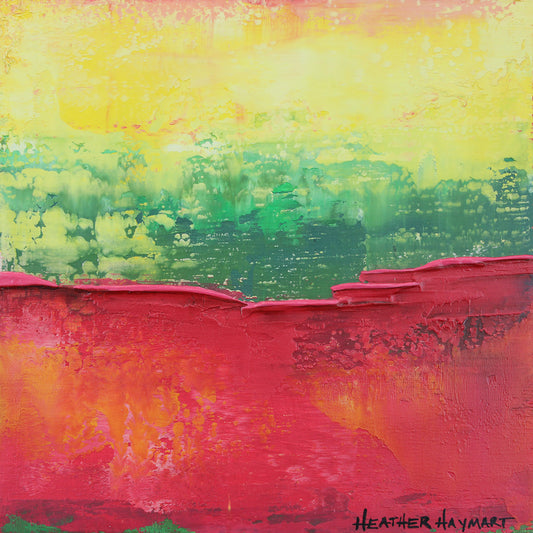 Abstract art with raspberry red, yellow, and green colors