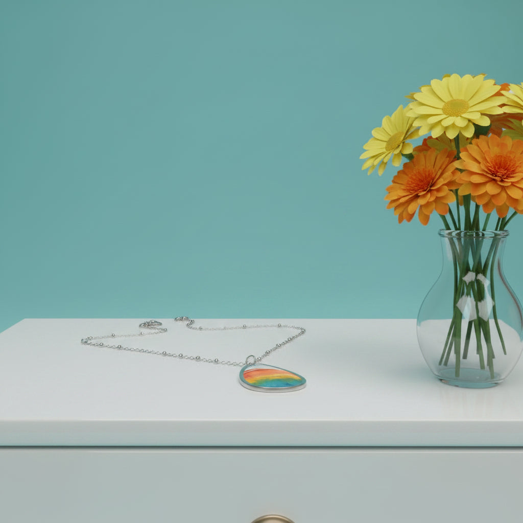 art pendant and chain on white dresser with flowers in a vase