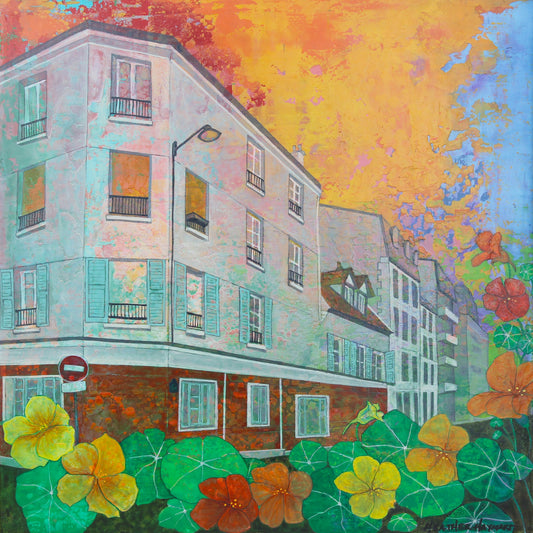 Colorful painting of a street scene with buildings and flowers