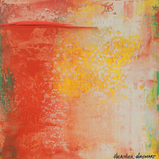 Abstract art with red, yellow, green, white, and beige colors by Heather Haymart