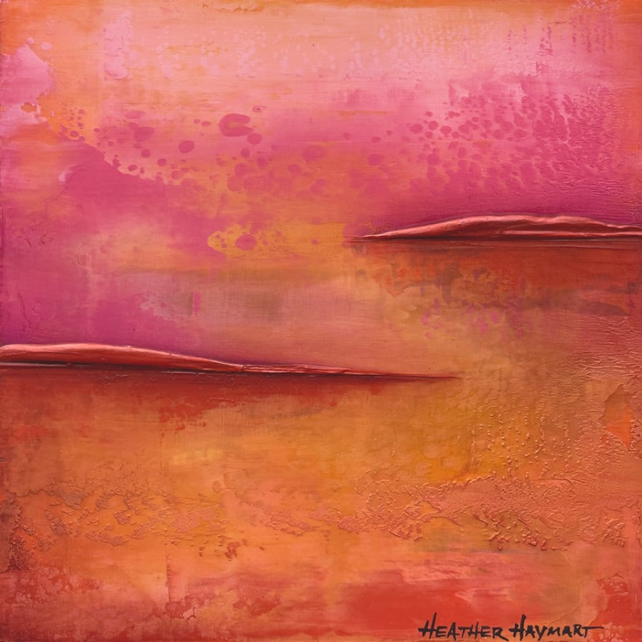 Something Lovely is a small abstract artwork with pinks and oranges and reds with lots of thick texture
