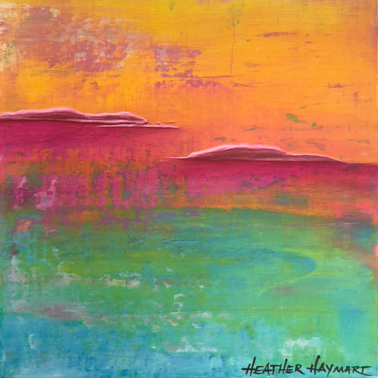 A sparkling bright abstract painting with texture. Full of magenta, turquoise, green, orange and blue.
