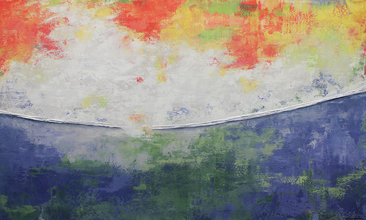 Abstract art with a gradient from red to blue, white, green and yellow