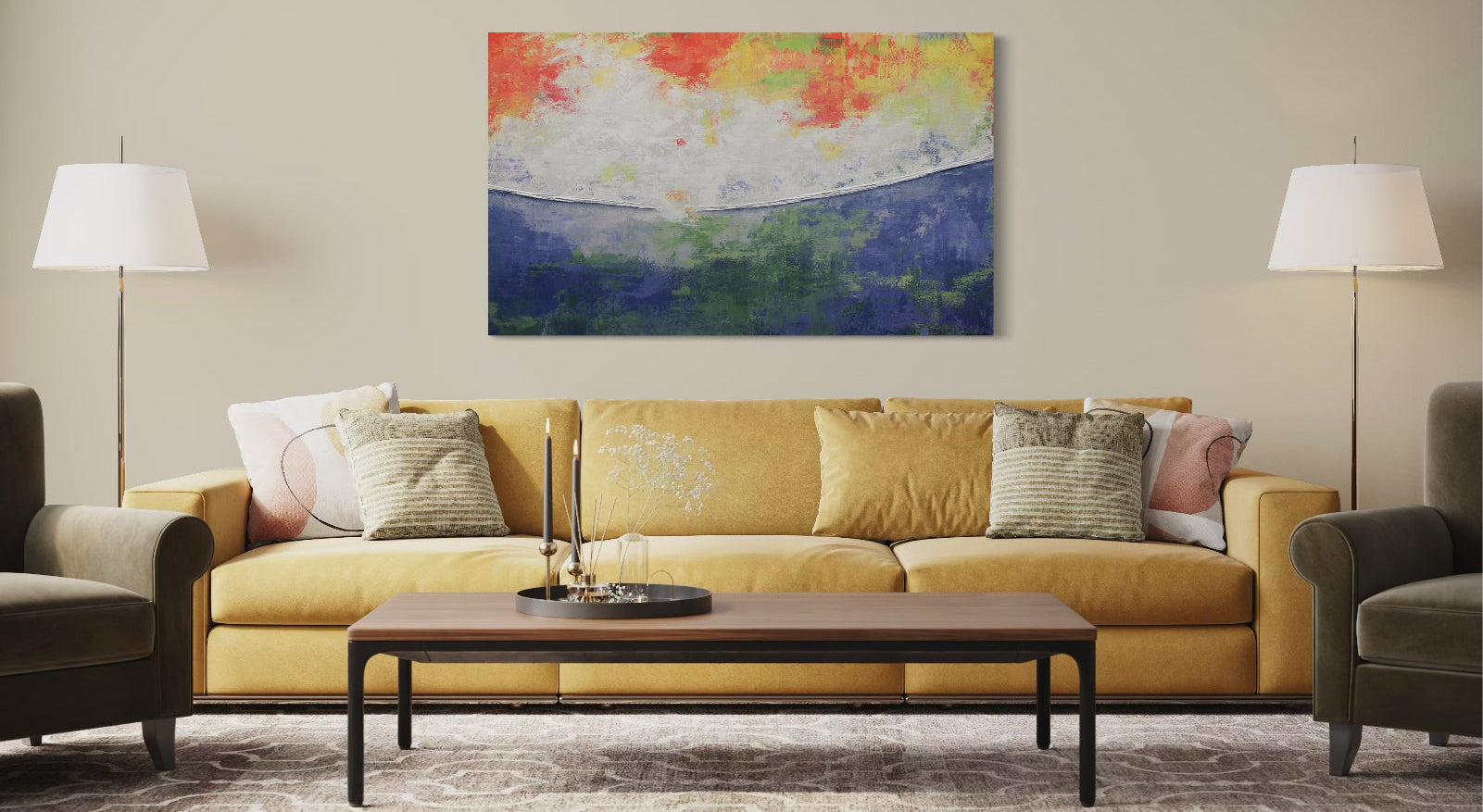 Living room with a yellow sofa, coffee table, and colorful abstract painting on the wall.