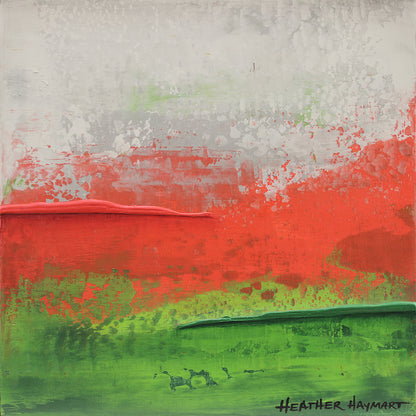 Abstract painting with red and green colors by Heather Haymart