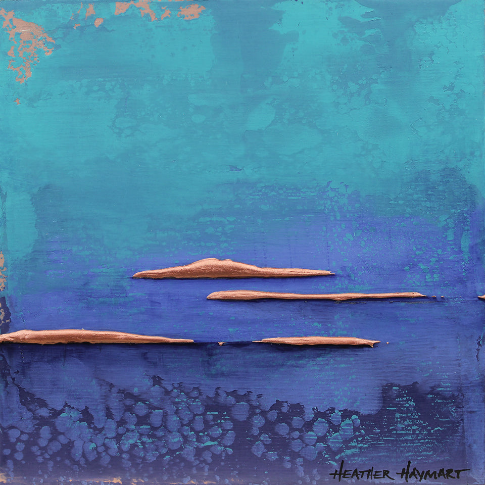 Abstract art piece with blue and purple hues and apricot accents by Heather Haymart.