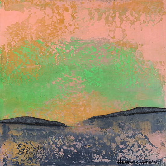 Abstract art with pink, green, tan and charcoal colors