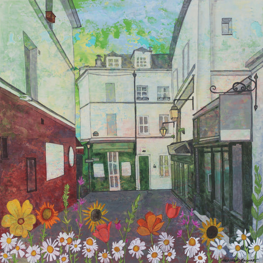 Colorful painting of a narrow street with flowers and buildings